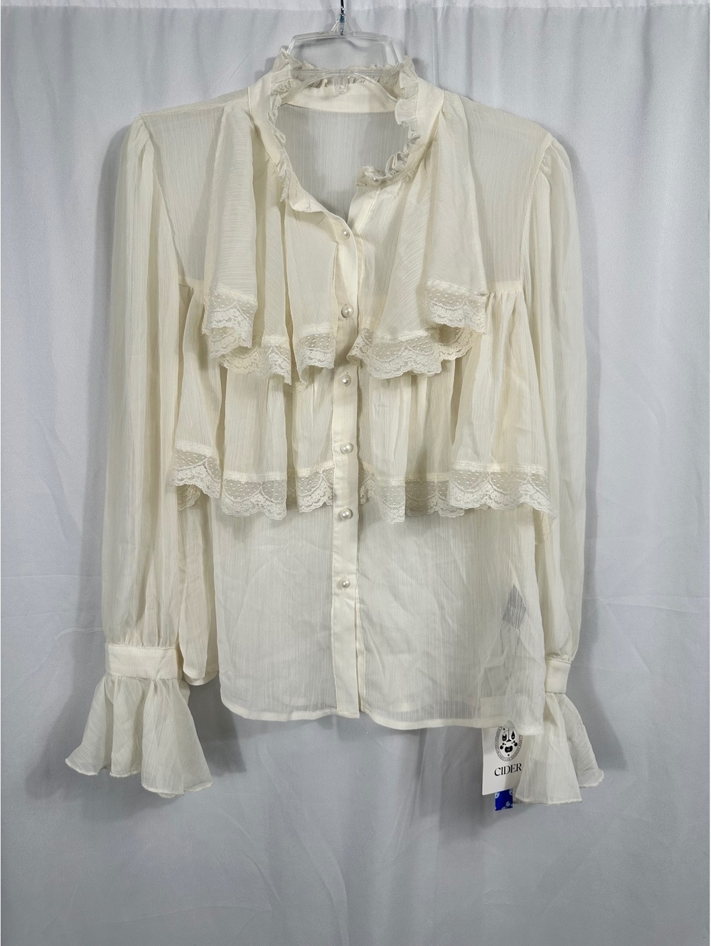 Cider Beige Ruffled Button-Up Blouse with Lace Detail, Size Medium